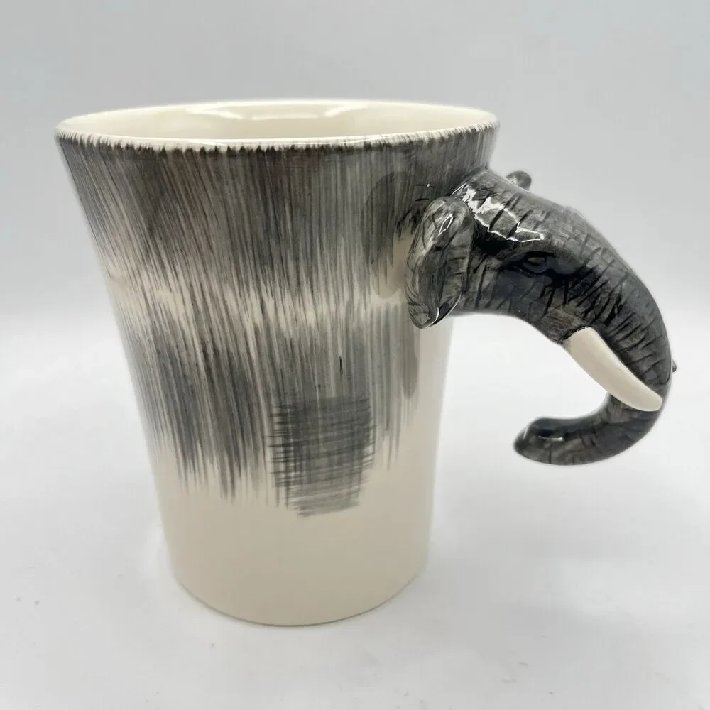Pier 1 Ceramic Handpainted Stoneware Elephant Coffee Cup Mug Face Handle Large